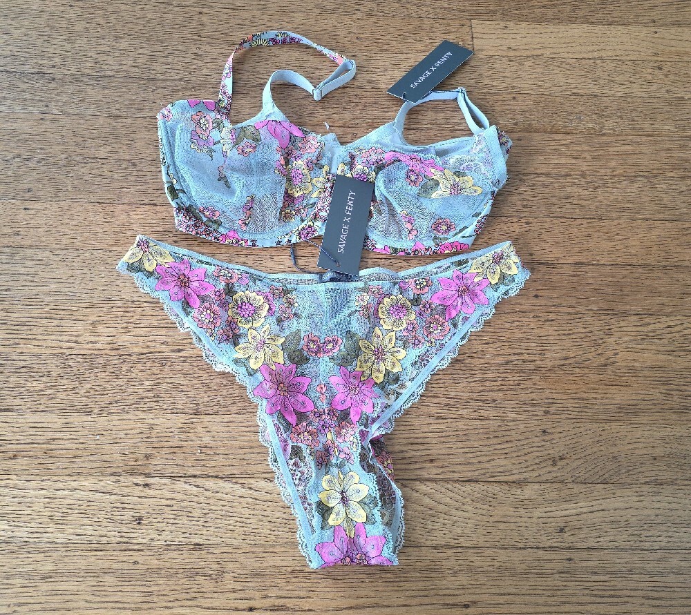 PANTIES Savage X Fenty Pink & Grey Floral Embroidered Sheer Brazilian Panties